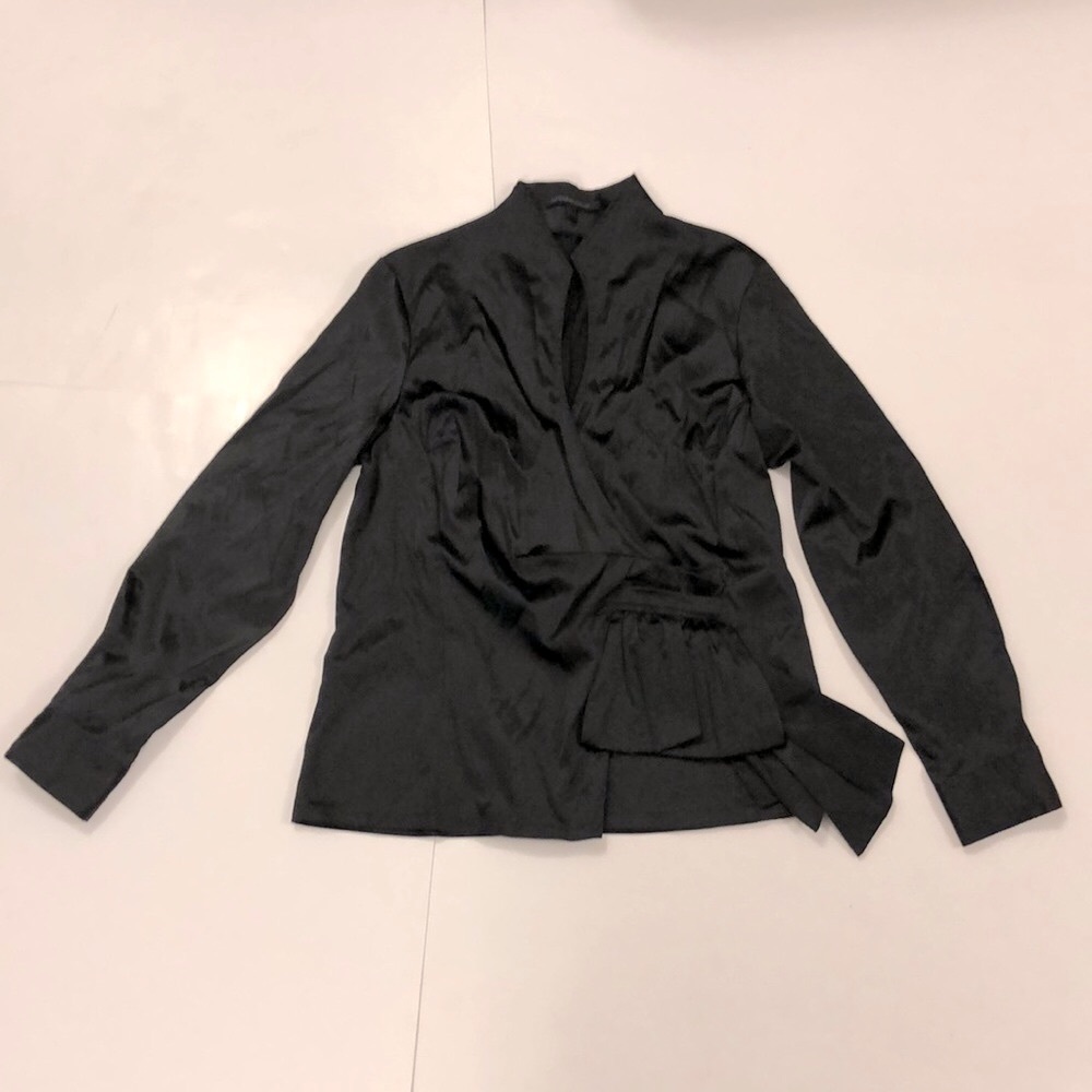 Katherine Barkley L Satin Top Wrap Blouse side zipper long sleeve button cuffs
